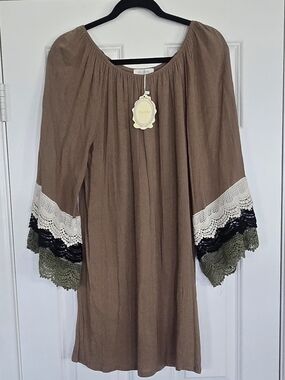 Boho Crochet Trim Bell Sleeve Brown Tunic Dress